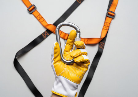 Worker's hand wearing yellow and white protective glove, grasping a silver metal carabiner. In the blurred background, an orange and black safety harness is visible on a light surface. Represents safety, protection, and work at height.の素材