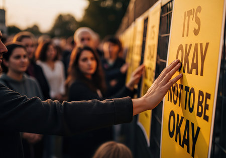 A human hand gently touches a vibrant yellow sign displaying the empowering message 'It's Okay Not to Be Okay' at a public mental health awareness event, with a blurred crowd present.の素材