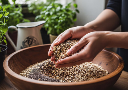 Female hands gently scooping a blend of healthy seeds and wholesome grains over a rustic wooden bowl filled with more ingredients. Emphasizes natural nutrition and healthy food preparation.の素材