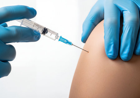 A healthcare worker in blue gloves injects a vaccine or medication into a patient arm using a syringe. ideal for health and medical concepts.の素材