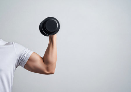 Muscular man flexing bicep while lifting a heavy dumbbell, demonstrating strength and fitness against a clean gray background. Focus on upper body workout, muscle definition and gym exercise.の素材