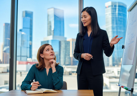 Two professional businesswomen engaging in a corporate discussion. One woman presents using a whiteboard, while the other actively listens and takes notes in a modern office overlooking a metropolitan city skyline.の素材