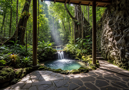 Tropical jungle with a small waterfall flowing into a natural clear pool, surrounded by abundant green foliage. Bright sunbeams pierce through the canopy, illuminating the tranquil scene with a stone path and patio.の素材