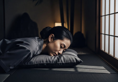 Asian woman sleeping peacefully on a grey pillow on a tatami mat floor. Gentle light from a shoji screen illuminates the traditional Japanese room, emphasizing rest, peace, and cultural setting.の素材