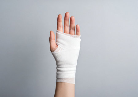 Forearm and hand in a white medical bandage, indicating injury, rehabilitation, or first aid. The wrapped hand suggests concepts of care, healing, and support.の素材