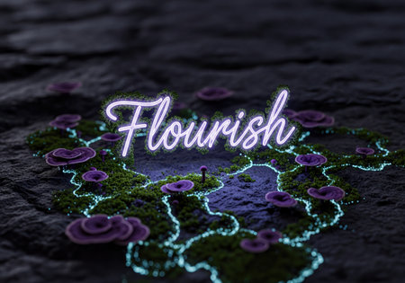 Vibrant neon text 'Flourish' intertwined with lush green moss and glowing light trails on a dark, textured surface, surrounded by purple mushrooms. Represents growth, life, and mystical energy.の素材