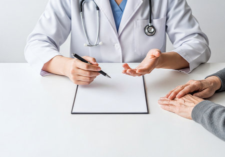 Healthcare professional in white coat and stethoscope holding a pen over a blank clipboard, gesturing while discussing medical information with an elderly patient during a consultation.の素材
