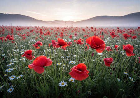 Vibrant red poppy flowers and white daisies in a dew-covered field during a misty sunrise, with hazy mountains in the distant background, depicting natural beauty and tranquility.の素材