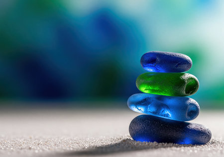 A perfectly balanced stack of smooth, translucent blue and green sea glass stones on finely textured beach sand. The vibrant colors evoke tranquility and harmony in a serene setting.の素材