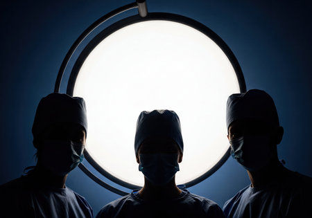 Three dedicated medical professionals, dressed in surgical caps and masks, appear in silhouette under an intense circular operating room light. A somber and focused healthcare team ready for a critical procedure or emergency.の素材