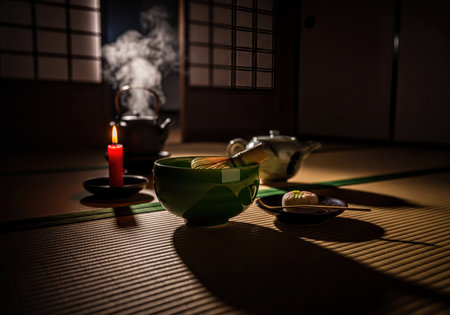 A traditional Japanese tea ceremony setup featuring a green matcha bowl with a bamboo whisk, a red candle, a steaming cast iron kettle, and a wagashi sweet on a tatami mat floor, illuminated by soft light from shoji screens.の素材