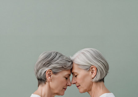 Two senior women with graceful gray hair are seen in a peaceful moment, foreheads gently touching with eyes closed, representing connection, serenity, and empathy.の素材