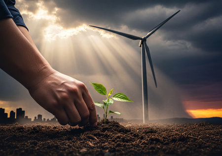 Hand carefully plants a young green seedling in fertile soil. In the background, a wind turbine generates clean energy under a dramatic sky with sun rays, symbolizing sustainable growth, environmental protection, and a greener future with renewable power and urban development.の素材