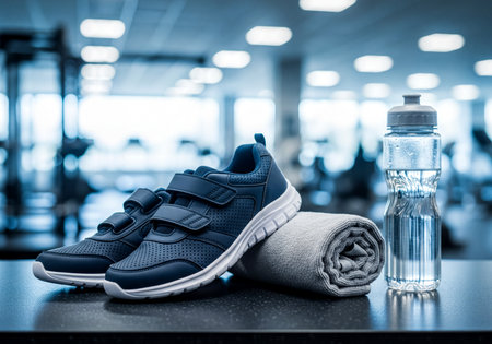 Blue athletic shoes, clear water bottle, and gray rolled towel on a dark surface. Fitness equipment ready for a healthy workout in a modern gym setting.の素材