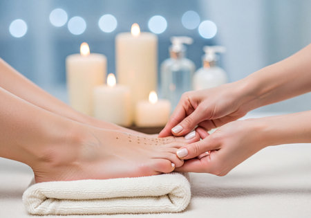 Woman's foot receiving professional reflexology massage and acupuncture point stimulation in a calm spa atmosphere with blurred candles and oils.の素材