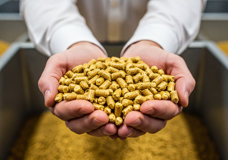 Cupped hands of a man presenting numerous golden animal feed pellets. The granular product is brightly lit, showcasing texture and detail, set against a subtle, blurred backdrop of an industrial agricultural setting. Represents farming and sustenance.の素材