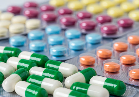Assortment of colorful medicine pills and capsules in foil blister packs, representing healthcare, pharmacy, medication, drug, and treatment. Focus on health, prescription, and wellness.の素材