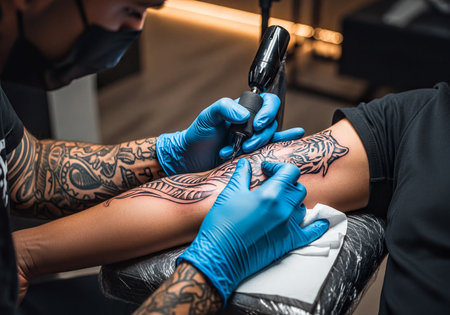 Man in blue gloves and a face mask, a professional tattoo artist, meticulously working on a detailed tiger design on a client's arm in a modern studio setting. The atmosphere is focused and sterile.の素材