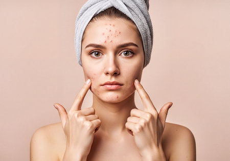 Young woman with a towel on her head, pointing at acne and pimples on her face, highlighting skin problems. Concept of dermatology, facial care, and beauty issues.の素材