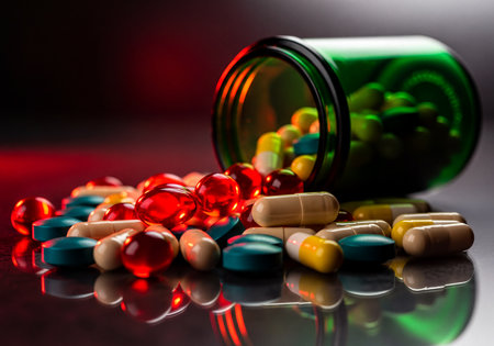Assorted colorful pharmaceutical pills and capsules overflowing from a green prescription bottle onto a dark, reflective surface with dramatic red lighting, representing health, medicine, and healthcare concepts.の素材