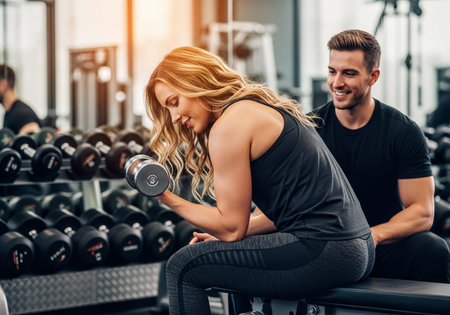 Athletic young woman in sportswear focused on lifting a dumbbell during a bicep curl workout, sitting on a bench in a gym, with a supportive man smiling beside her. Fitness, strength, partnership.の素材