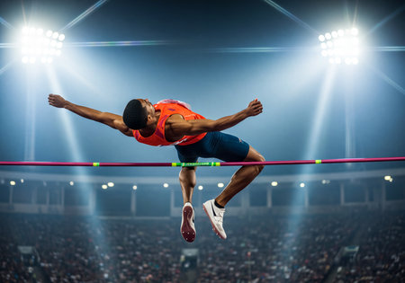 Male high jumper suspended in air, clearing the bar with skill and determination during an athletic competition in a large, illuminated stadium at night, surrounded by a blurred audience.の素材