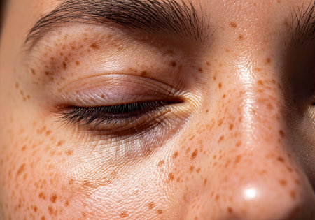 Macro shot of a human closed eye revealing intricate skin texture with numerous freckles, delicate eyelashes, and eyebrow detail, illuminated by natural light.の素材