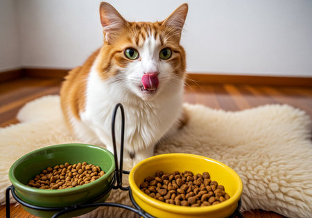 An orange and white cat with green eyes licks its lips while looking at two ceramic bowls filled with dry kibble on a fluffy rug, eager for mealtime.の素材