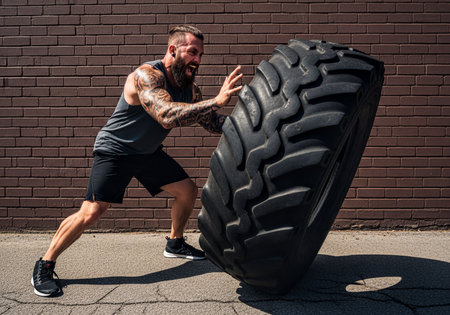 Muscular man with tattoos and a beard vigorously pushes a heavy tire during a functional fitness exercise outdoors against a brick wall. Demonstrates strength, power, and determination.の素材