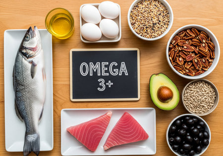 Assortment of fresh foods rich in Omega 3 fatty acids, including whole fish, tuna steaks, chicken eggs, avocado, olive oil, mixed seeds, pecans, sunflower seeds, and blueberries, promoting a balanced and nutritious diet.の素材
