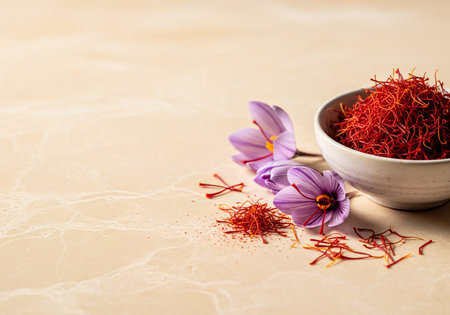 Vibrant red saffron spice threads filling a white ceramic bowl, accompanied by delicate purple saffron crocus flowers and scattered stamen on a light beige marble background. Culinary ingredient.の素材