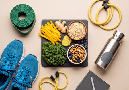 Overhead flat lay of fresh healthy food ingredients including kale, ginger, bell pepper, quinoa, walnuts, blueberries, with fitness equipment like running shoes, resistance bands, and a water bottle, promoting a balanced and active lifestyle.の素材