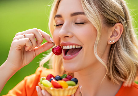 Blonde woman with closed eyes and a wide smile, about to eat a fresh red cherry, holding a vibrant fruit tart. Healthy snack enjoyed outdoors on a sunny day.の素材