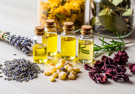 Bottles of essential oils surrounded by dried lavender, rosemary, frankincense resin, dried hibiscus flowers, and jars of calendula and bay leaves, emphasizing natural health, aromatherapy, and herbal medicine.の素材
