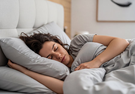 Young woman sleeping soundly on her side in a comfortable bed with light gray bedding and pillows. Her eyes are closed as she rests peacefully.の素材