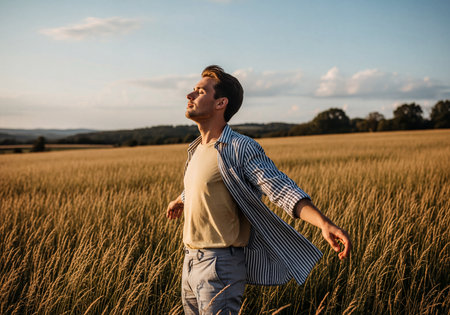 Young man enjoying serene moment in a vast golden wheat field during sunset, experiencing tranquility and freedom. Eyes closed, breathing fresh air amidst nature's beauty and open sky, finding peace.の素材