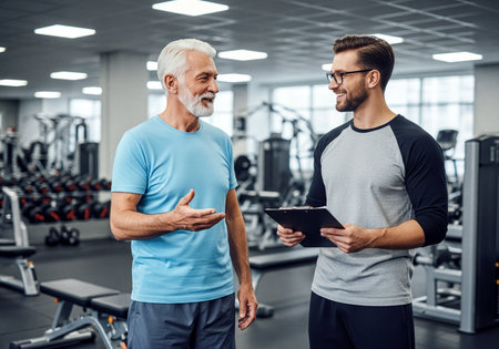 Professional personal trainer assists a senior man with his fitness program at a modern gym. They are discussing health, exercise, and wellness goals for an active lifestyle and healthy aging.の素材