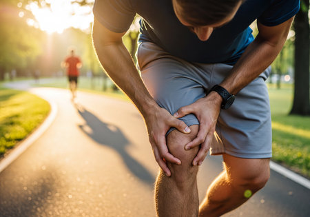 Man experiencing severe knee pain while jogging on an outdoor track in a park during sunrise, clutching his injured knee with both hands after a run.の素材