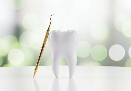 Bright white 3D tooth model standing proudly next to a shining golden dental explorer instrument. This imagery represents essential oral hygiene, preventative dental care, professional dentistry, and overall dental health, set against a soft, bokeh background.の素材