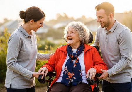 A smiling senior woman in a wheelchair is interacting with a young man and a young woman caregivers during an outdoor moment in natural daylight.の素材