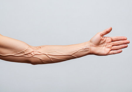 Close up of a human forearm showing prominent veins and an open palm, highlighting the anatomy and circulatory system for medical and health related concepts.の素材