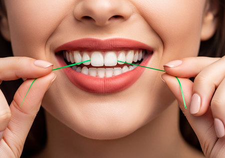 A smiling woman demonstrates proper dental care by flossing her bright white teeth with green floss to maintain oral hygiene and health.の素材