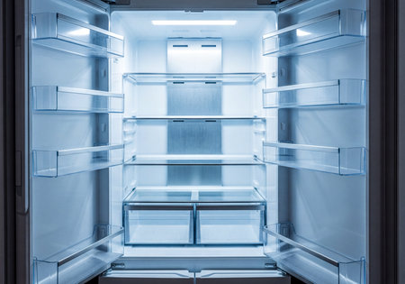 The interior of a modern, clean, and empty refrigerator is shown with its doors open, revealing multiple transparent shelves and drawers under bright illumination.の素材