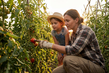 A woman in a plaid shirt points to a red tomato while teaching a young girl in a straw hat about gardening surrounded by tall green vines during golden hour.の素材