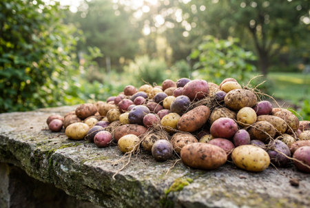 A large pile of colorful organic potatoes with soil and roots rests on a weathered stone wall surrounded by blurred green trees and soft golden sunlight during harvest season.の素材