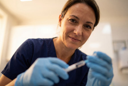 A professional female veterinarian in blue scrubs holds a syringe and looks down with a reassuring smile while preparing to give a vaccine injection in a clinic.の素材