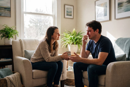 A caring female therapist listens attentively while a sad man wipes tears from his face with a tissue during an emotional counseling session in a bright sunlit office.の素材