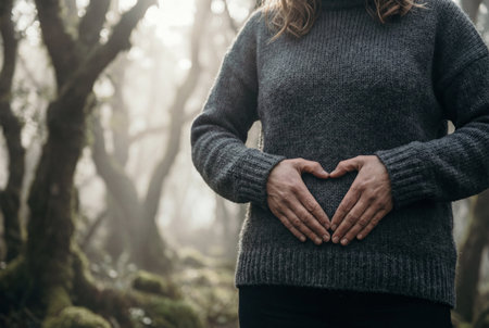 A woman wearing a thick charcoal grey knitted sweater stands in a mossy forest while forming a heart shape with her hands over her abdomen to symbolize love and care in nature.の素材