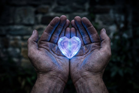 A pair of dirty weathered hands holds a luminous blue heart shaped crystal that emits a soft magical glow against a blurred dark stone background symbolizing hope and protection.の素材