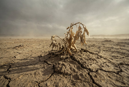 A withered plant with drooping leaves remains in parched cracked ground under a dusty sky highlighting the harsh reality of water scarcity and extreme environmental climate change.の素材
